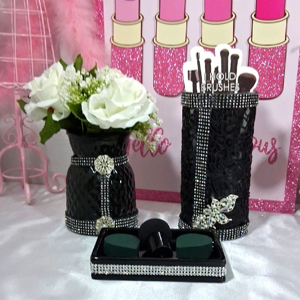 Black Makeup Brush Holder Organizer Crystal Vanity Decor New